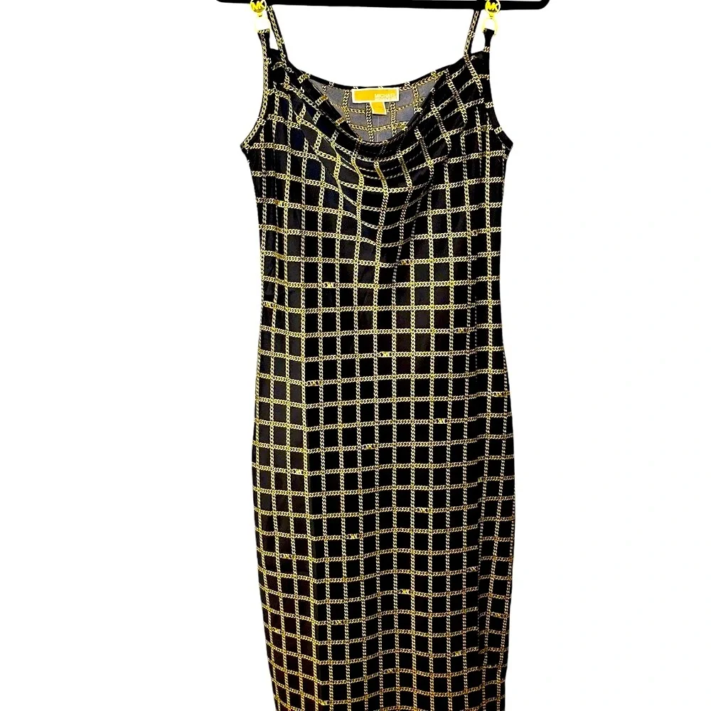 Michael Kors Sleek & Simple Midi Chainlink Gold Black Slip Dress Size: Medium